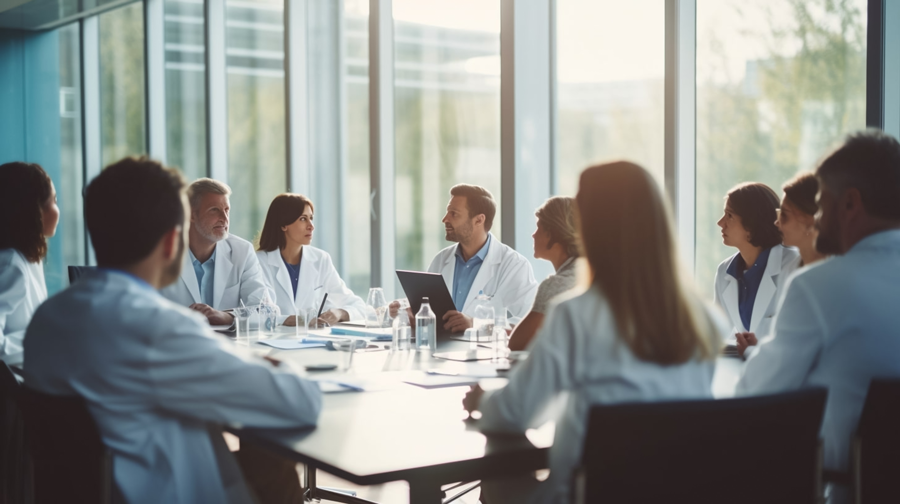 corporate staff wearing medical jackets mitigating hospital financial losses with patient collections in business meeting